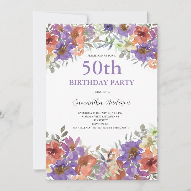 50th Birthday Watercolor Floral Invitation (Front)