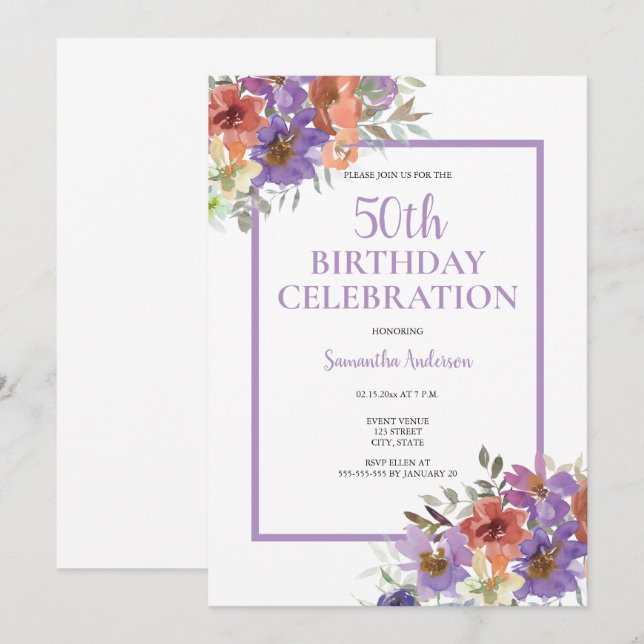50th Birthday Watercolor Floral  Invitation (Front/Back)