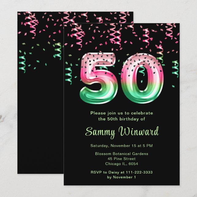 50th Birthday Watermelon Balloons with Confetti Invitation (Front/Back)