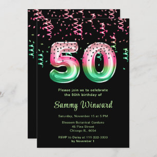 50th Birthday Watermelon Balloons with Confetti Invitation
