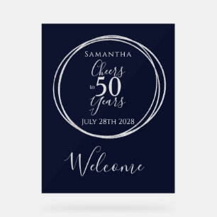 50th Birthday Welcome Cheers 50 Years Party Navy Acrylic Sign