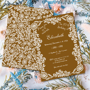 50th Birthday White & Brown Botanical Floral  Invitation