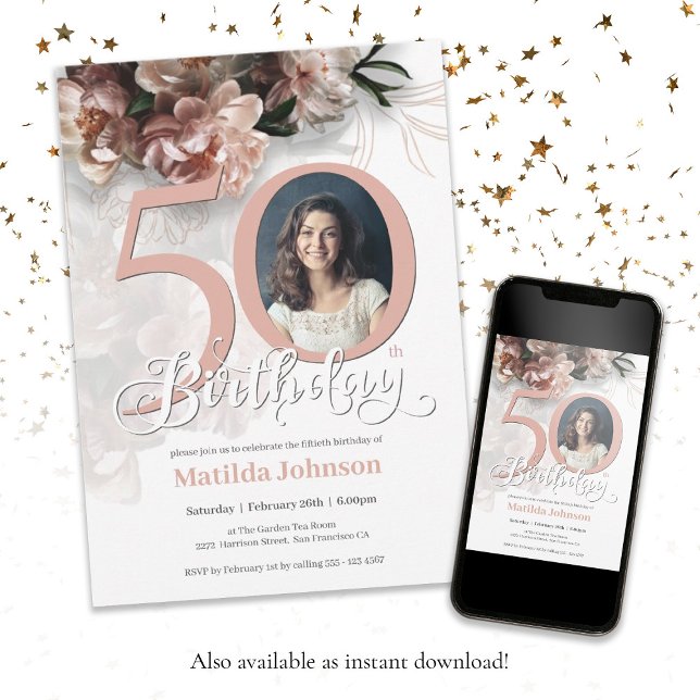50th Birthday White Floral Soft Pink Elegant Photo Invitation (50th Birthday White Floral Soft Pink Elegant Photo Invitation)