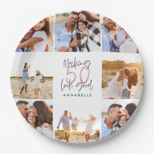 50th birthday white girly glitter photo collage  paper plate (Front)