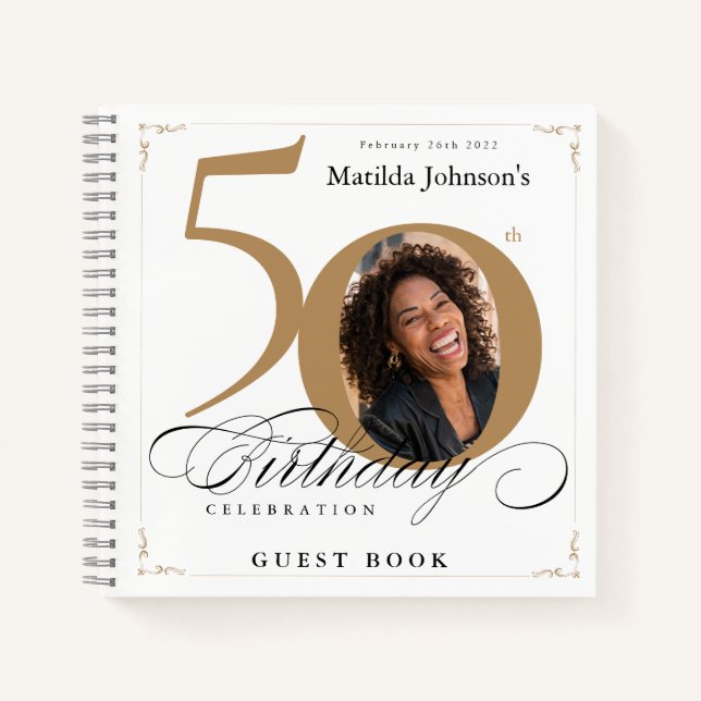 50th Birthday White Gold Calligraphy Guestbook Not Notebook (Front)