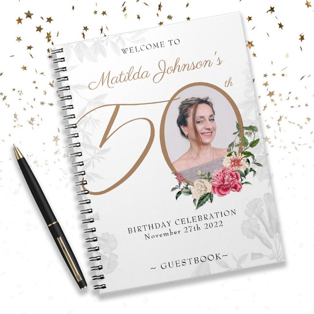 50th Birthday White Gold Photo Floral Guestbook  Notebook (50th Birthday White Gold Photo Floral Guestbook Notebook)