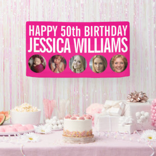 50th Birthday white pink five photo circles Banner