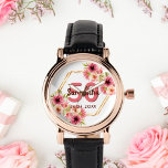 50th birthday white pink floral gold geometric watch<br><div class="desc">A trendy watch for a 50th birthday gift. With a faux gold hexagon geometrical shaped frame. Decorated with watercolored dahlia flowers in pink,  cream and coral. White background. Templates for a name,  age 50 and a date. Date of birth or date of the party. Burgundy and coral coloured letters.</div>