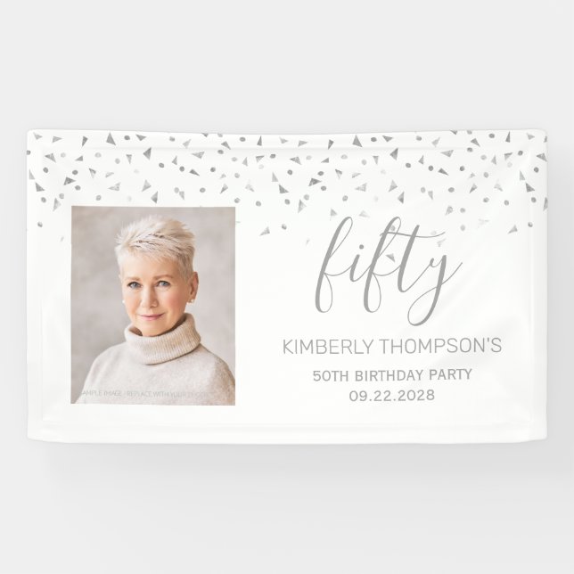 50th Birthday White Silver Confetti Photo Banner (Horizontal)