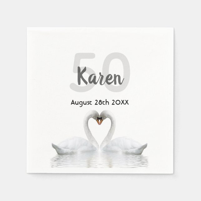 50th birthday white swans black name elegant napkin (Front)