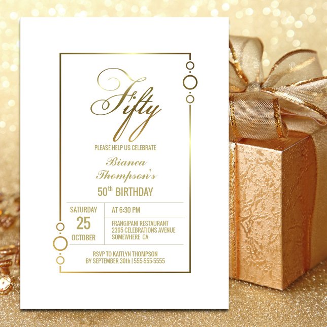 50th Birthday White with Gold Frame Party Invitation (Creator Uploaded)