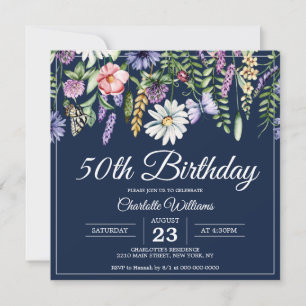 50th Birthday Wildflowers Elegant Navy Blue Floral Invitation