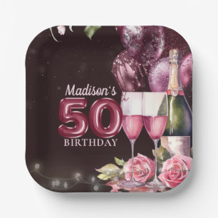 50th Birthday Wine & Balloons Personalised Paper Plate