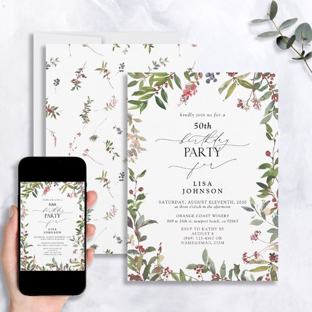 50th Birthday Winter Wildflower Berry Watercolor Invitation (Creator Uploaded)