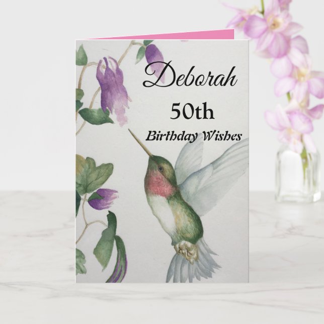 50th Birthday Wishes Elegant Hummingbird Flower Card (Orchid)