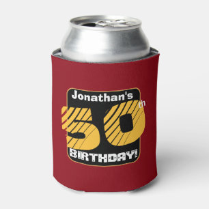 50th Birthday with Custom Name Striped Number A05 Can Cooler