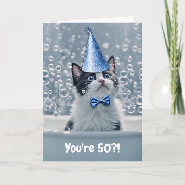 50th Birthday with Cute Cat in the Tub  Card (Front)