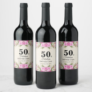 50th Birthday with Flowers on Sparkling Wine Beige Wine Label