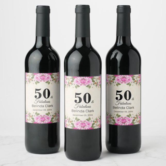 50th Birthday with Flowers on Sparkling Wine Beige Wine Label (Bottles)