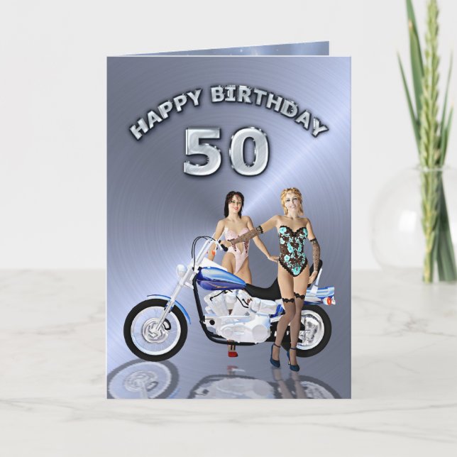 50th birthday with girls and a motorcycle card (Front)