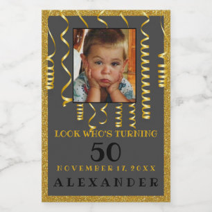 50th Birthday With Photo Gold Glitter Look Food Label