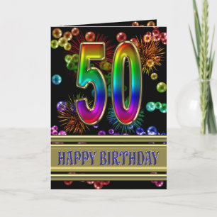 50th Birthday with rainbow bubbles and fireworks Card