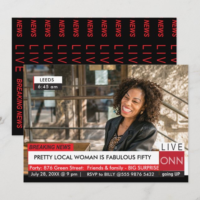 50th Birthday Womens Funny TV News Invitation (Front/Back)