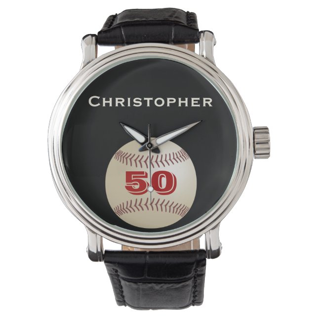 50th Birthday Wrist Watch, Personalised, Baseball Watch (Front)