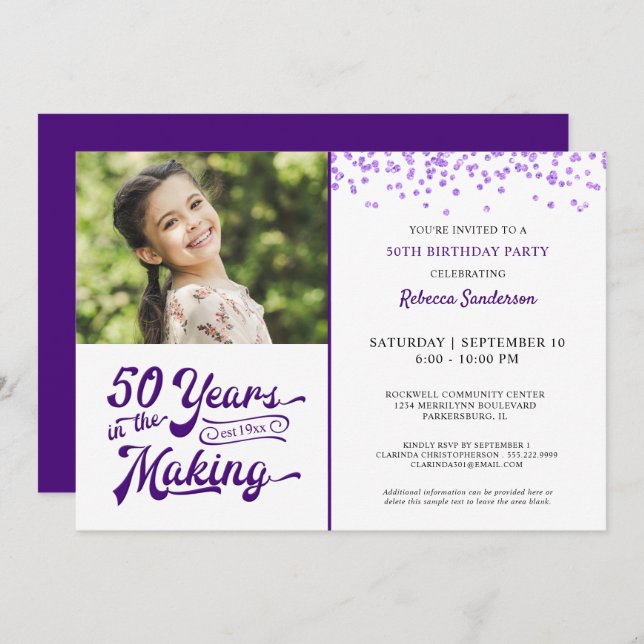 50th Birthday YEARS IN THE MAKING Purple Confetti Invitation (Front/Back)