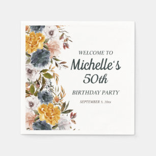 50th Birthday Yellow Navy Blue Floral Welcome  Napkin