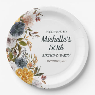 50th Birthday Yellow Navy Blue Floral Welcome Paper Plate