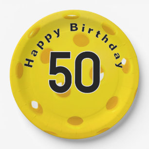 50th Birthday Yellow Pickleball Paper Plate