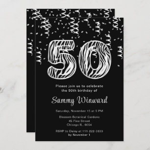 50th Birthday Zebra Print Balloons with Confetti Invitation