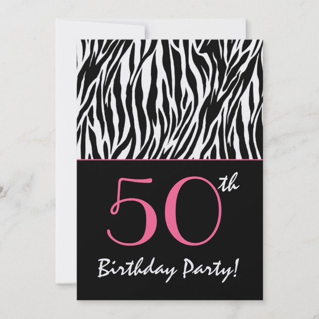 50th Birthday Zebra Stripes Black White with Pink Invitation (Front)