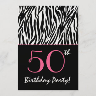 50th Birthday Zebra Stripes Black White with Pink Invitation