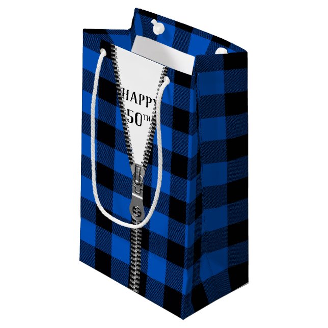 50th Birthday Zipper On Buffalo Plaid Small Gift Bag (Front Angled)