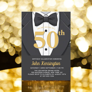 50th Black and Gold Tuxedo Birthday Event Invitation
