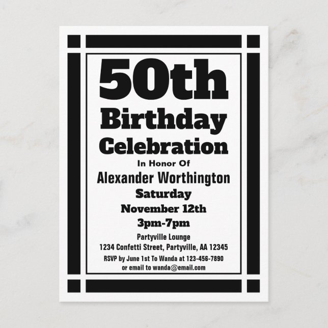 50th Black Geometric Birthday Invitation Postcard (Front)