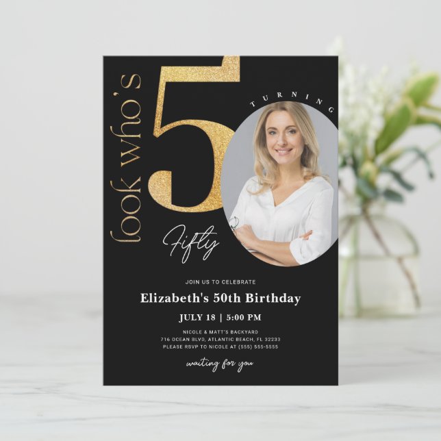50th Black Gold Birthday Invitation with Photo (Standing Front)