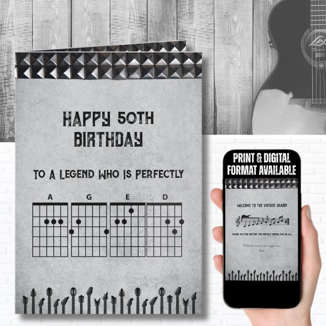 50th Black Grey Classic Rock Guitar Chord Birthday Card (Classic rock birthday card designed for the musician or guitar enthusiast hitting the big 50)