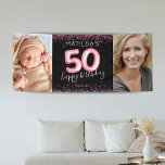 50th Black Pink Happy Birthday Photo Banner<br><div class="desc">Milestone girly fiftieth birthday party banner featuring a trendy black background,  2 large photos,  pink sparkle glitter,  50 pink hellium balloons,  and a custom celebration template that is easy to personalise.</div>