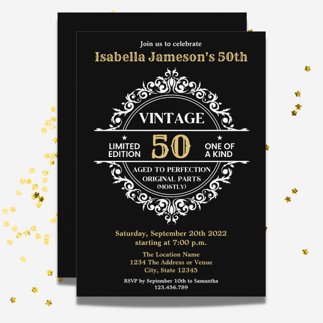 50th Black White and Gold Vintage Birthday  Invitation (Creator Uploaded)