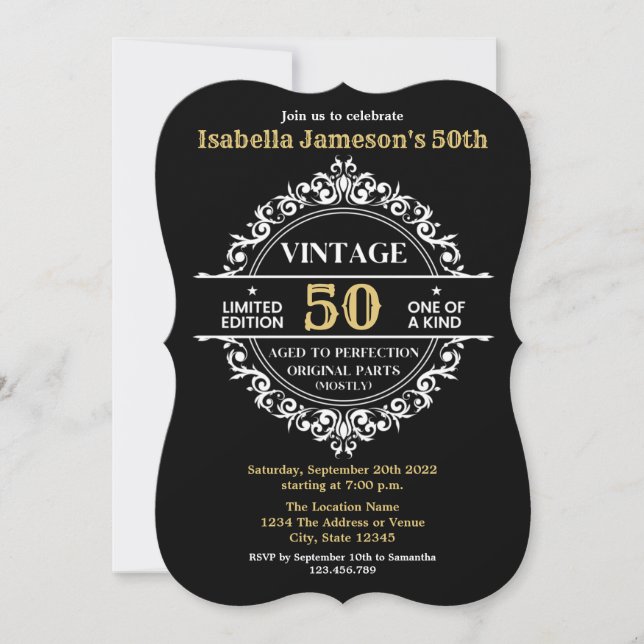 50th Black White and Gold Vintage Birthday Invitation (Front)