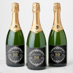 50th Black White and Gold Vintage Birthday Sparkling Wine Label