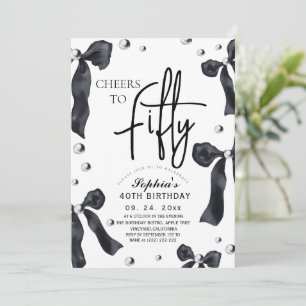 50th Black White Bow Birthday Party Invitation