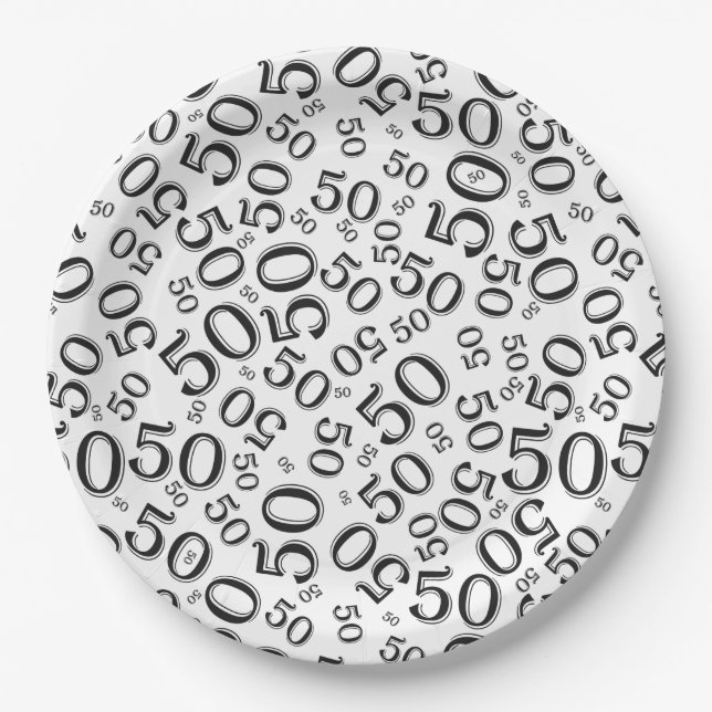  50th Black/White  Random Number Pattern  Paper Plate (Front)
