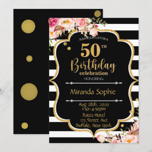 50th Black White Stripe Pink Floral Birthday Party Invitation