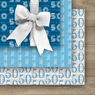 50th Blue Black White Typography Numbers Wrapping Paper Sheet