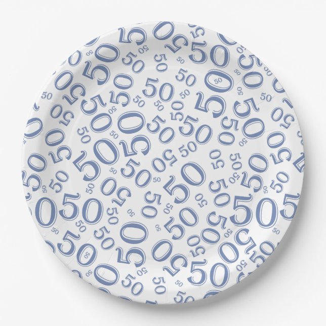 50th Blue/White  Random Number Pattern Paper Plate (Front)