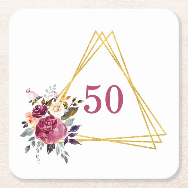 50th Boho Floral Geometric Gold Triangle Square Paper Coaster (Front)